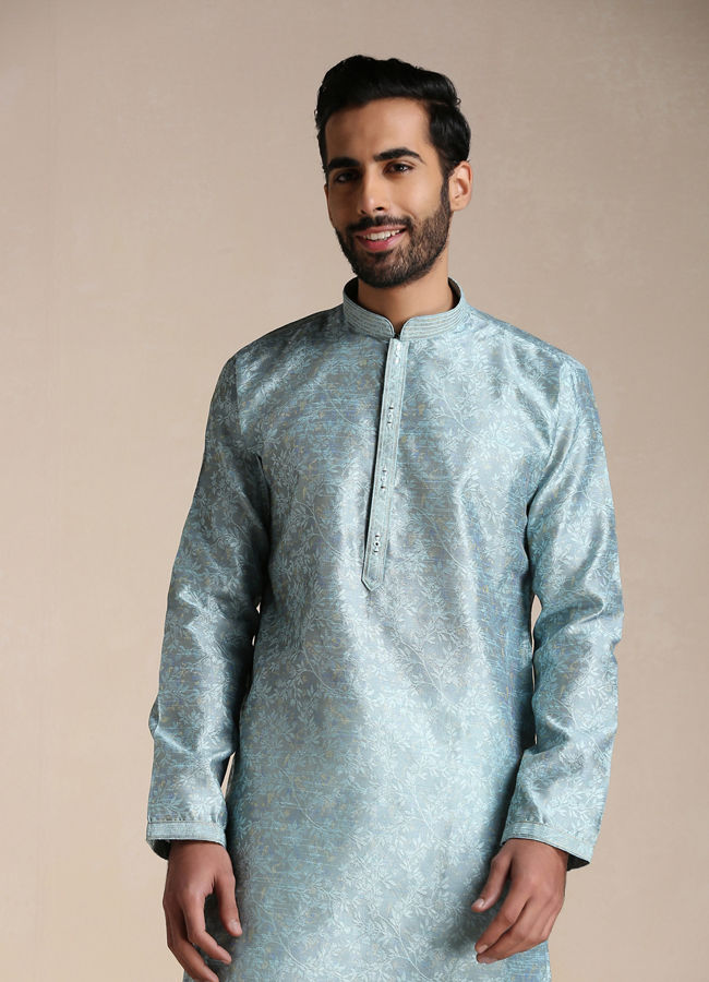 alt message - Manyavar Men Aquamarine Blue Jacquard Pattern Kurta Set image number 0